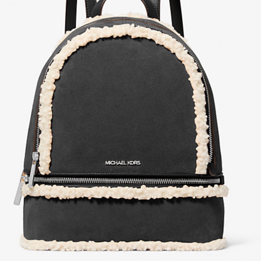MICHAEL KORS Rhea Medium Suede and Faux Shearling Backpack
Black 
NWT